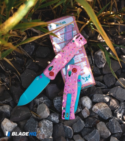 Flytanium BEEF Crossbar Lock Knife Dessert Warrior Pink G-10 (3.5" Blue)